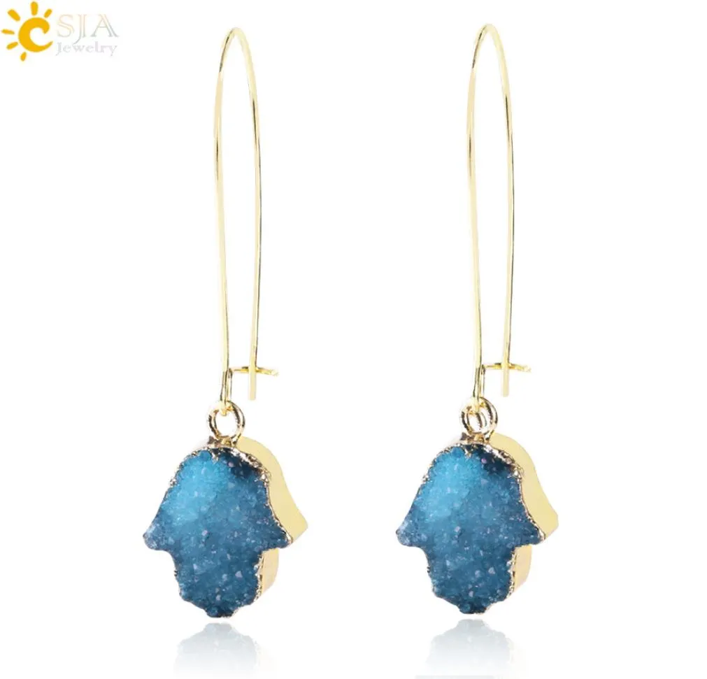 Csja Hamsa Hand of Fatima Gold Shangangle Orecchini per le donne viola blu verde naturale druzy drusy druse gemstone boho ear Jewell7275877