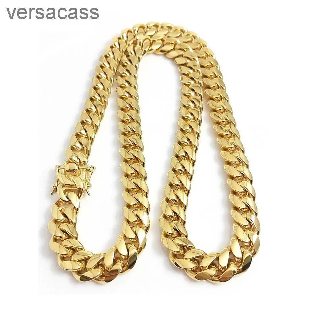 Rostfritt stål smycken 18k guld pläterad hög polerad miami kubansk länk halsband män punk 15mm trottoarkedja dubbel säkerhet lås 18inch-30 tum tkkf