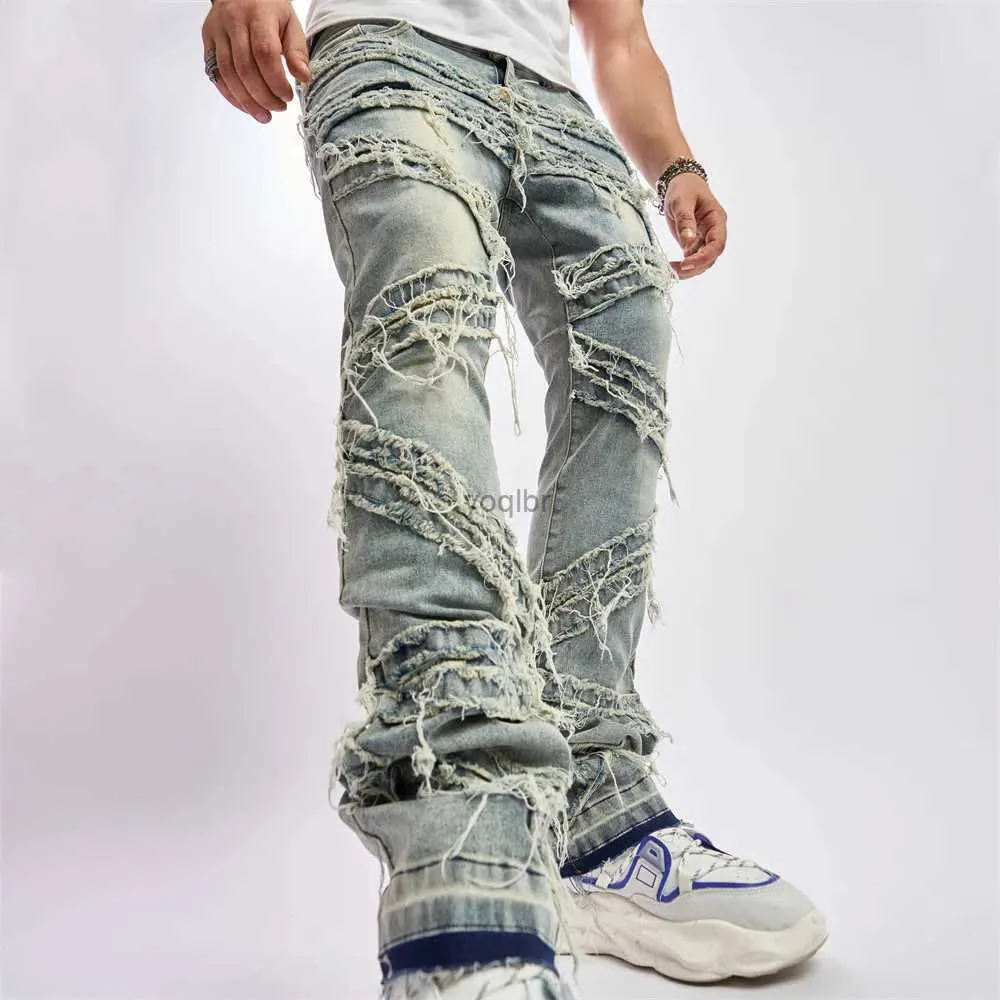 Jeans masculin mens vintage lâches de larmes de larme jeans mens solide décontracté denim droit denim trantsl2404