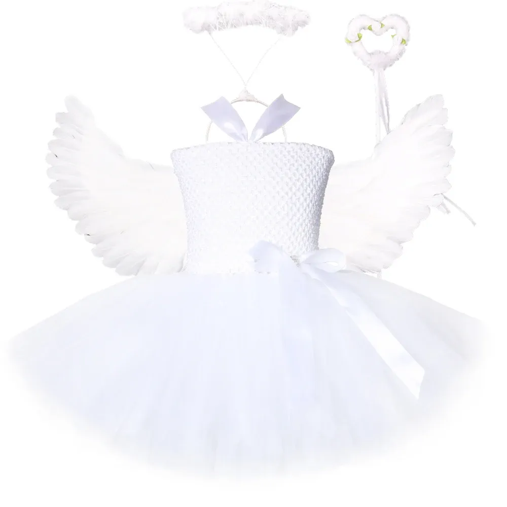 Vestidos brancos anjo tutu figuring para meninas Princess Fairy Cosplay Dress com asas de trajes de Halloween para crianças roupas de roupas de menina 114y