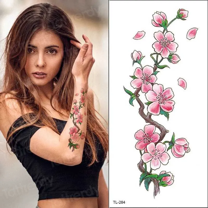 Transfert de tatouage Tatouages temporaires imperméables pour les femmes Sticker Tatouage Tatouage Tatouage Fleur pêche Blossom Peony Rose Hand Sleeve Tattoo Eau 240427