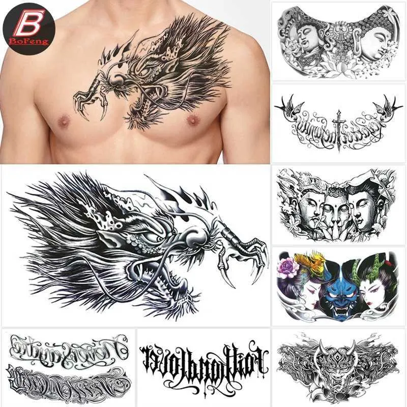 Tattoo Transfer Black Chest Waterproof Temporary Tattoos Sticker Dragon Flower Letter Body Art Lasting Tattoo sticker for Men Women Large Tattoo 240427