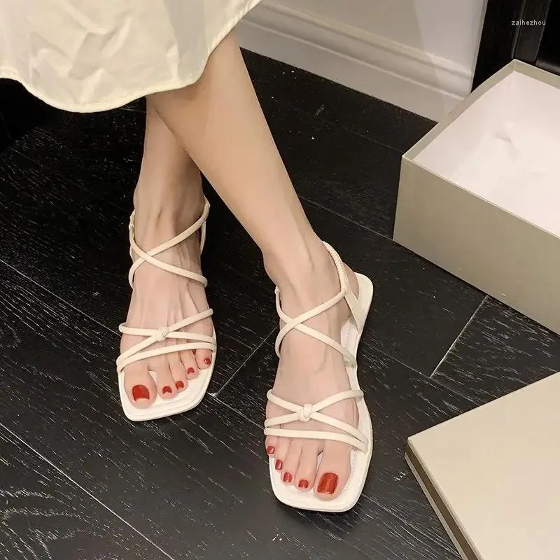 Casual Shoes Beige No Heel Summer 2024 Beach Slippers Flat Rubber Roman Style Footwear Sandals For Woman With Strap Outdoor Open Toe Trend H