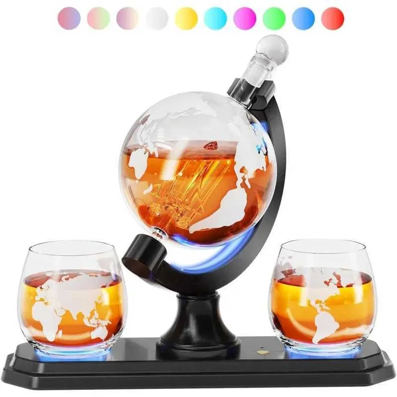 Бар инструменты виски глобус, набор 7-цвета RGB Light 30,4 унции, набор с 2 пары очков Уникальный подарок на день рождения для отцов мужского