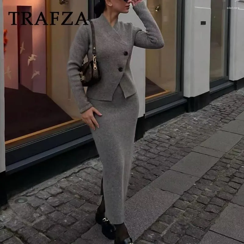 Arbeitskleider Trazaf 2024 Herbst Frauen Vintage Solid Anzüge Knöpfe Doppelreihe Cardigans Scheide Langes Lüftungsrock Freiländische Mode-Sets