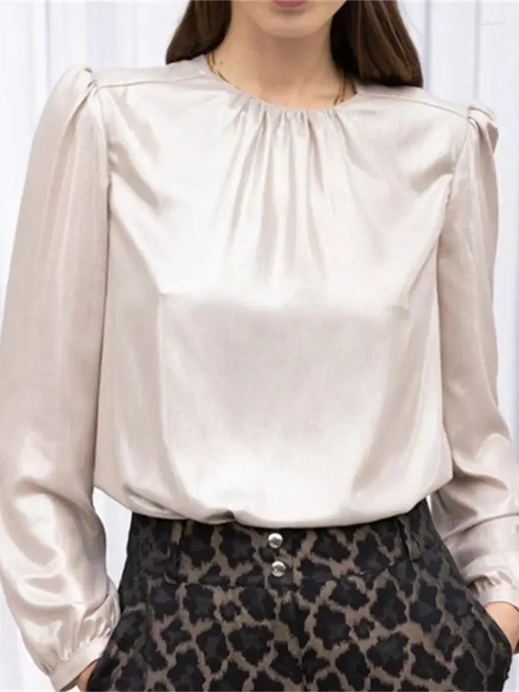 Bluzki damskie kobiety plisowane odblaskowa koszula Pullover Spring 2024 Dam Vintage Temperament O-Neck Lantern Long Tleeve Bluzka