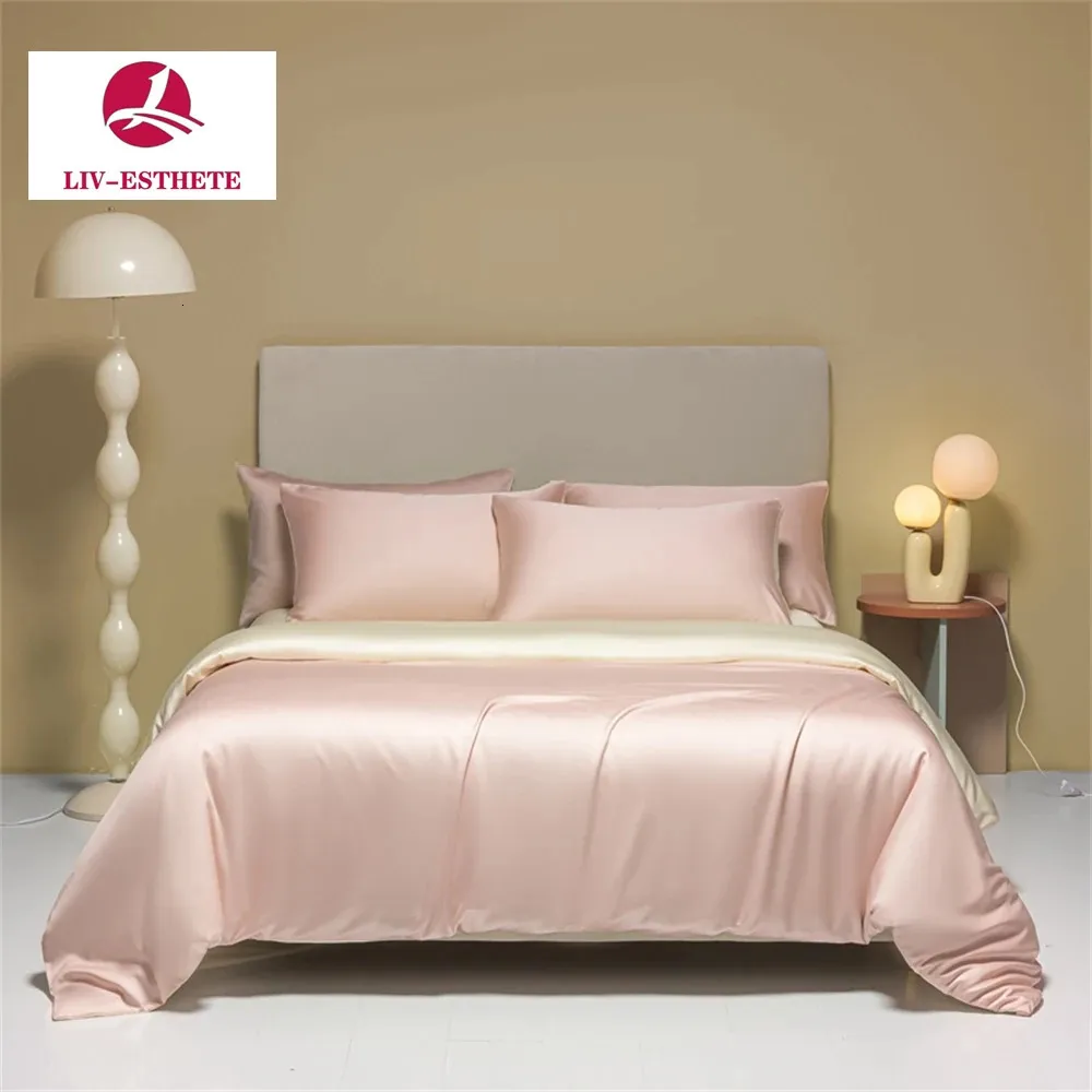 LIVESTETE Luxury Dubbelfärg 100% Silk Bedding Set Queen King Däcke Cover Pudowcase Flat Sheet Bed For Deep Sleep 240420
