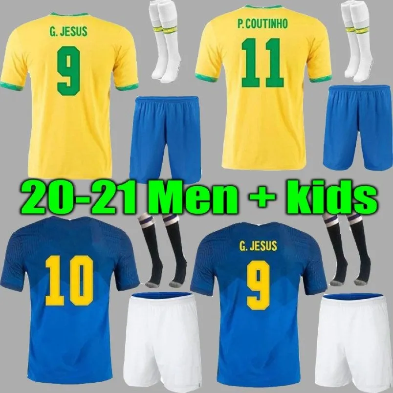 Kits Brasi G Jesus Coutinho Soccer Jersey 2021 Camiseta de Futebol Brasile Firmino Neres 20 21 Kit Kit per bambini con camicia da calcio