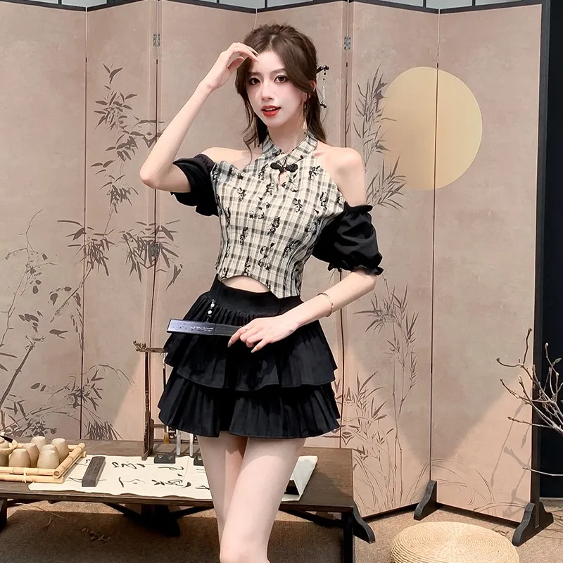 2024 Summer New Chinese Skirts Set Women Strapless Butterfly Printed Plaid  Short Shirts High Waist Solid Color Pleated Skirt Fashion Vintage