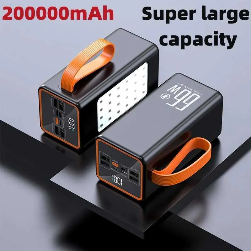 Telefonbanker Power Pack 200000mAh High Capacity 66W Fast Charging Waterproof uppladdningsbart batteri som används för mobiltelefondatorer Camping LED -lampor 240424