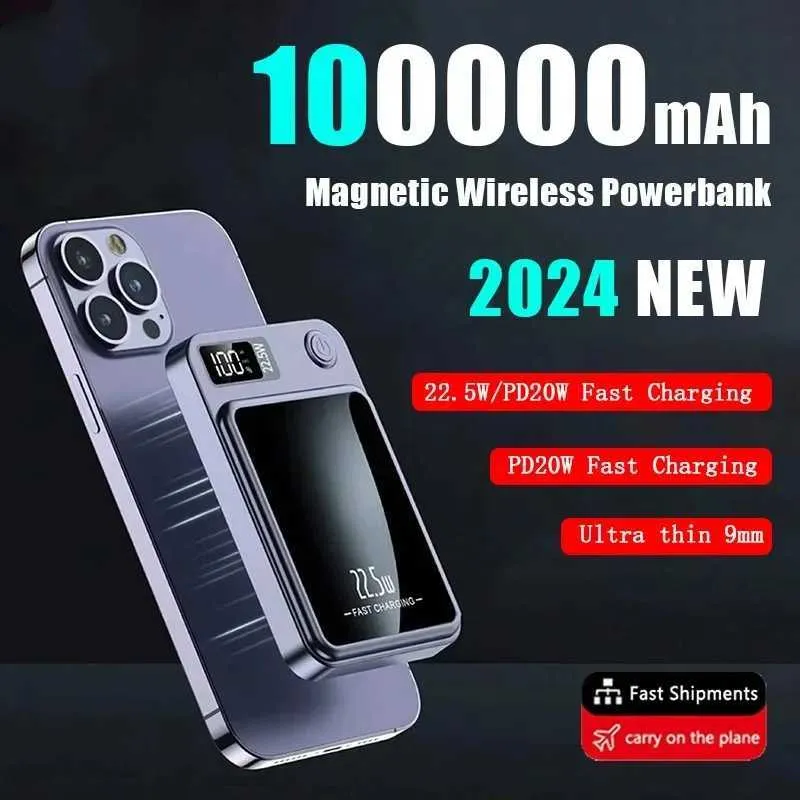 Питание мобильного телефона Banks 100000mah Power Pack Беспроводное зарядное устройство Магнитное цифровое дисплей быстрого зарядки Тонкая переносная внешняя батарея Бесплатная доставка 240424