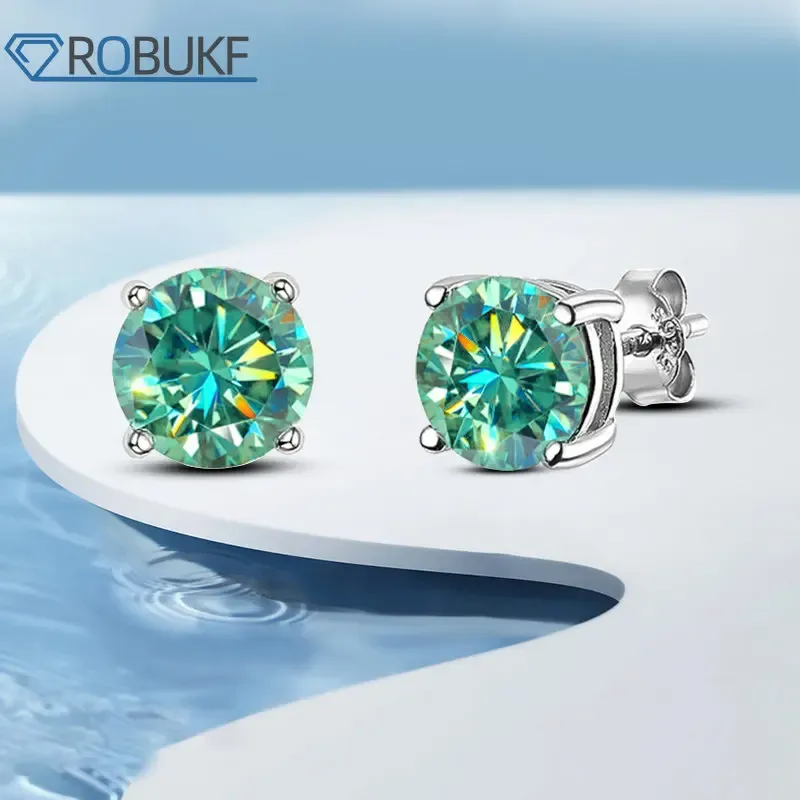 Charm Moissanite Stud Earring 0.32ct Round Cut Blue Green Moissanite Diamond White Gold Plated Steling Sier for Women Men