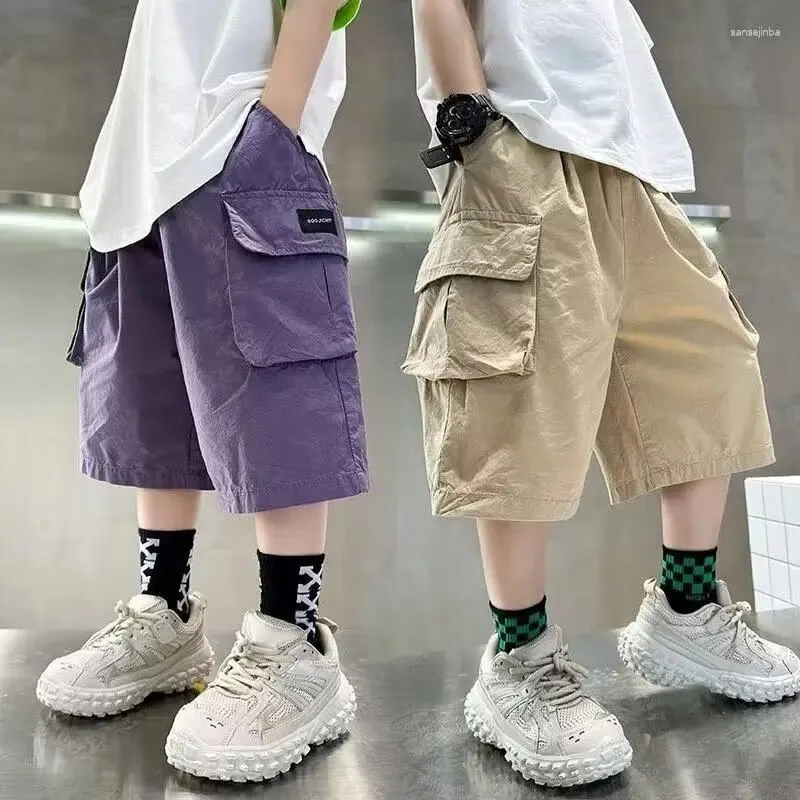 Byxor Summer Boys 'Cotton Shorts Daily Casual Purple Sports Short Pants High Street Fashion Children's Clothes Boys 2024