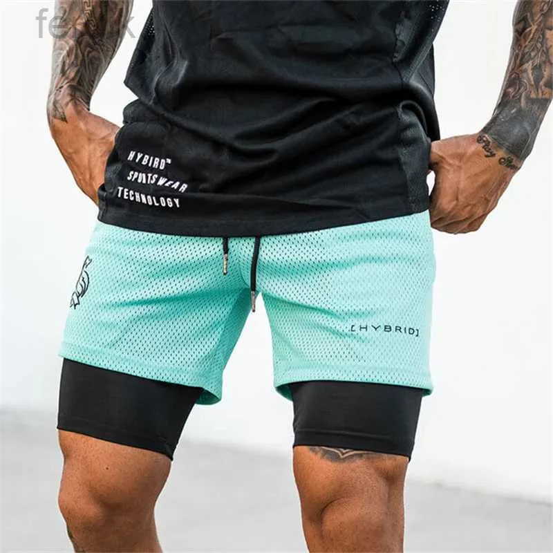 Pantalones cortos para hombres 8 colores !!!2 en 1 Sport Camuflage Mesh Atrees transpirables Hombres Double Deck Jogging Running Quick Dry Gym Fitness Entrenamiento Buttoms D240426