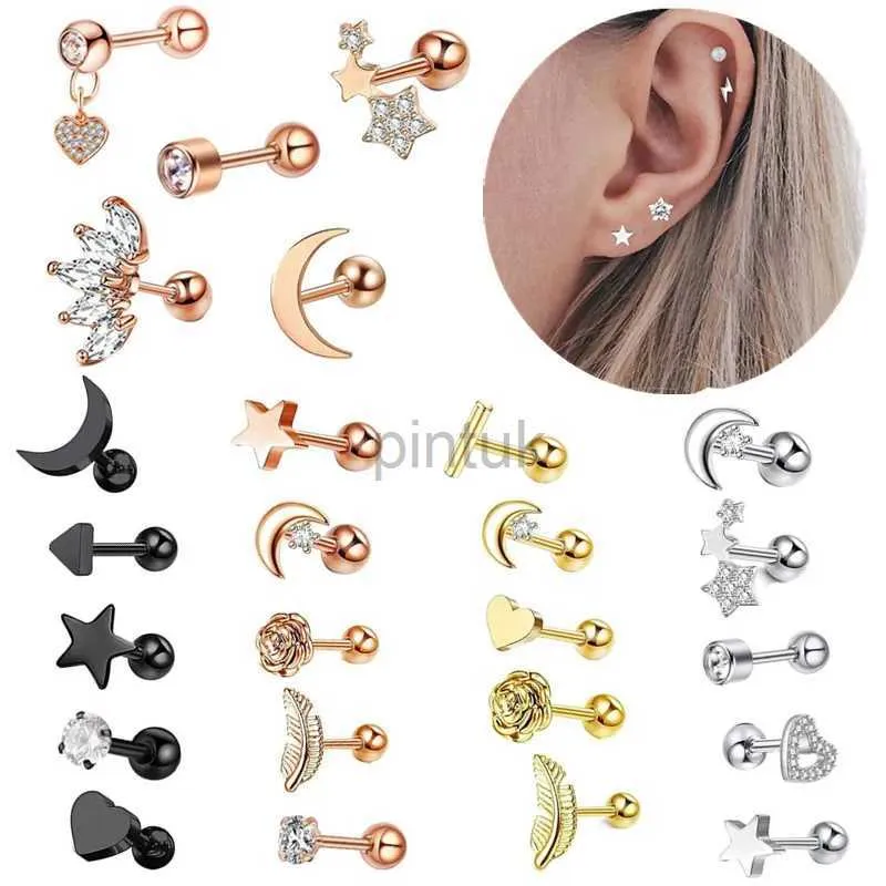 Stud 5pcs Star Tragus Saplama Küpe Seti Kalp Küçük Saplama Seti Lob Piercing Kıkırdak Stud Helix Mücevher CZ Barbell Piercing Küpe D240426