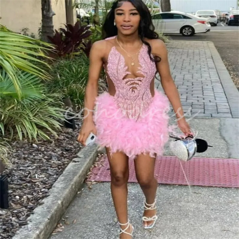 Vestido De Graduación De Plumas Rosa Para Chicas Negras Vestido De