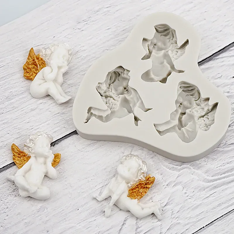 Formen 3d Drei kleine Baby Engel Silikon Schimmel DIY Kuchen Dekor Fondant Schokoladengebäckküche Backwerkzeuge Dessert Kerzenharzform