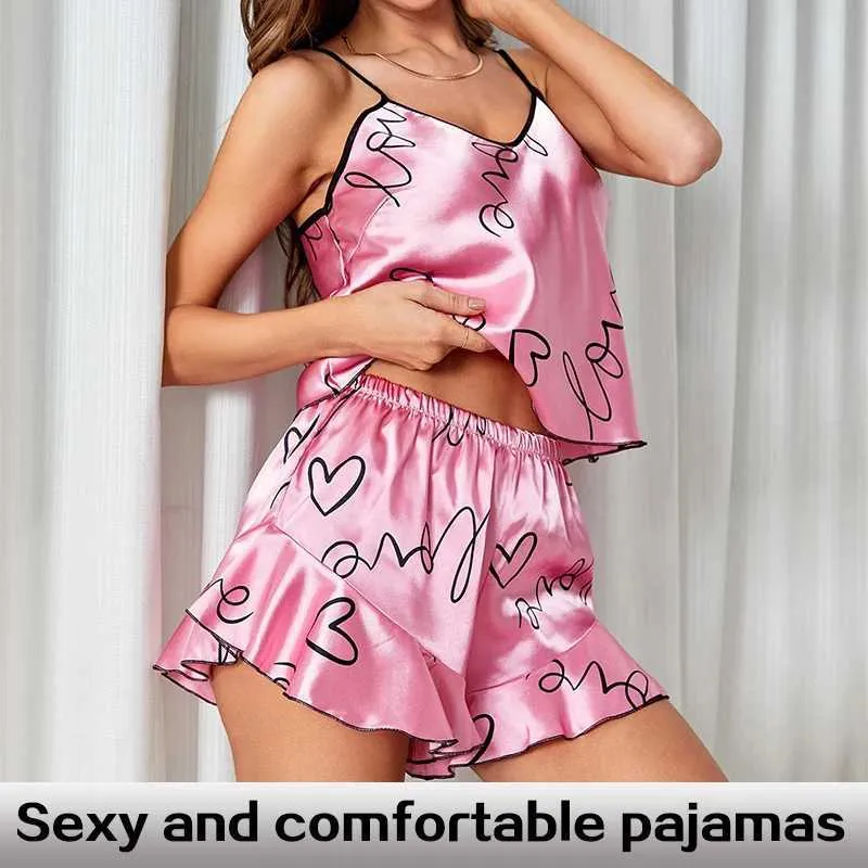 Women's Sleepwear Two-Piece Womens Summer Sexy Printed V-Neck Suspender Slveless Top Paired with Ruffled Shorts and Pajama Set Y240426