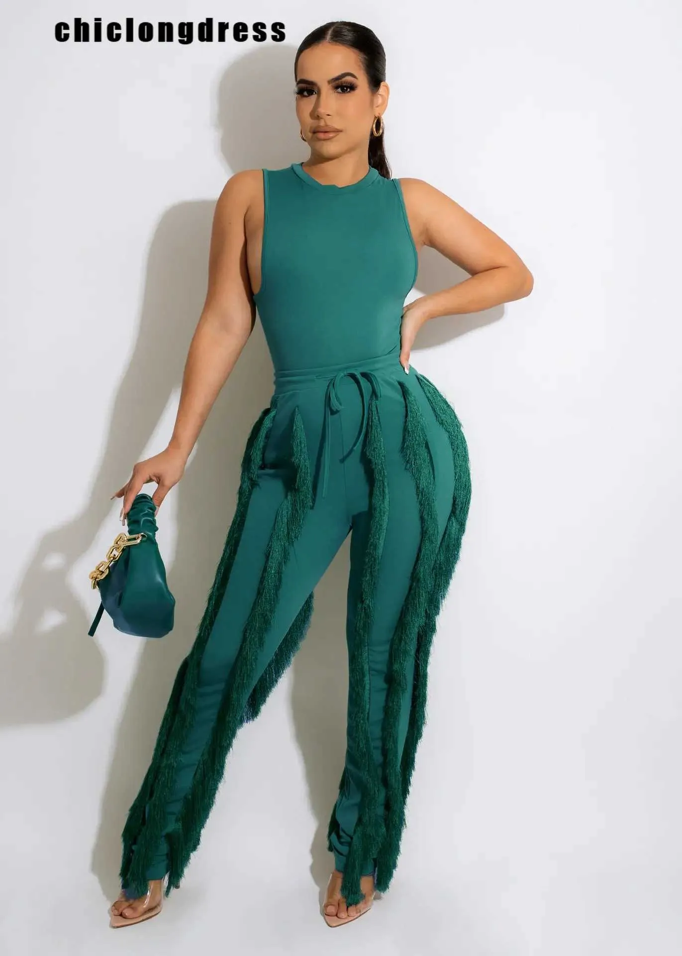 Women's Two Piece Pants Fashion Slveless Tops Tassel Pants Set Two Piece Suit Fringe Wide Leg Trousers Summer Spring Matching 2pcs Outfits Women Y240426