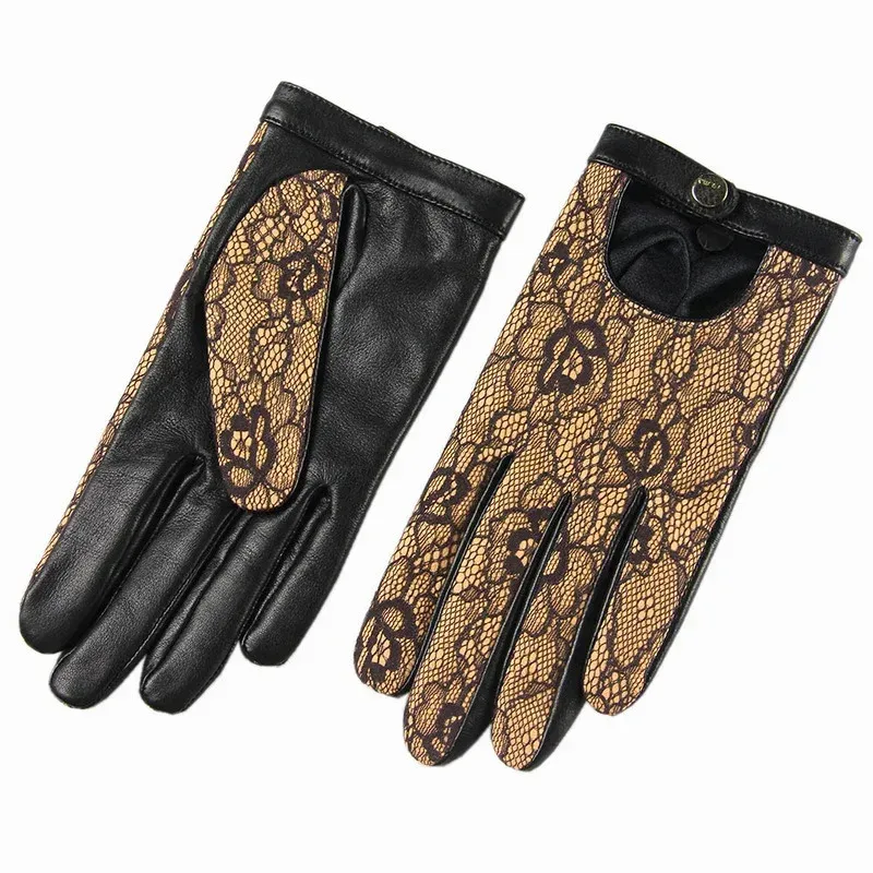 Sexig mode kvinnors läderhandskar vår och höst tunna fårskinn svarta spetshandskar ihåliga kvinnors handskar