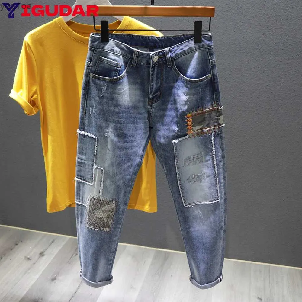 Jeans masculinos Autumn Moda Novo Manual Personalidade Vintage Patch Work Jeans Mens Old Patch Hole rasgou calças de calças Pantalones HOMBREL2404