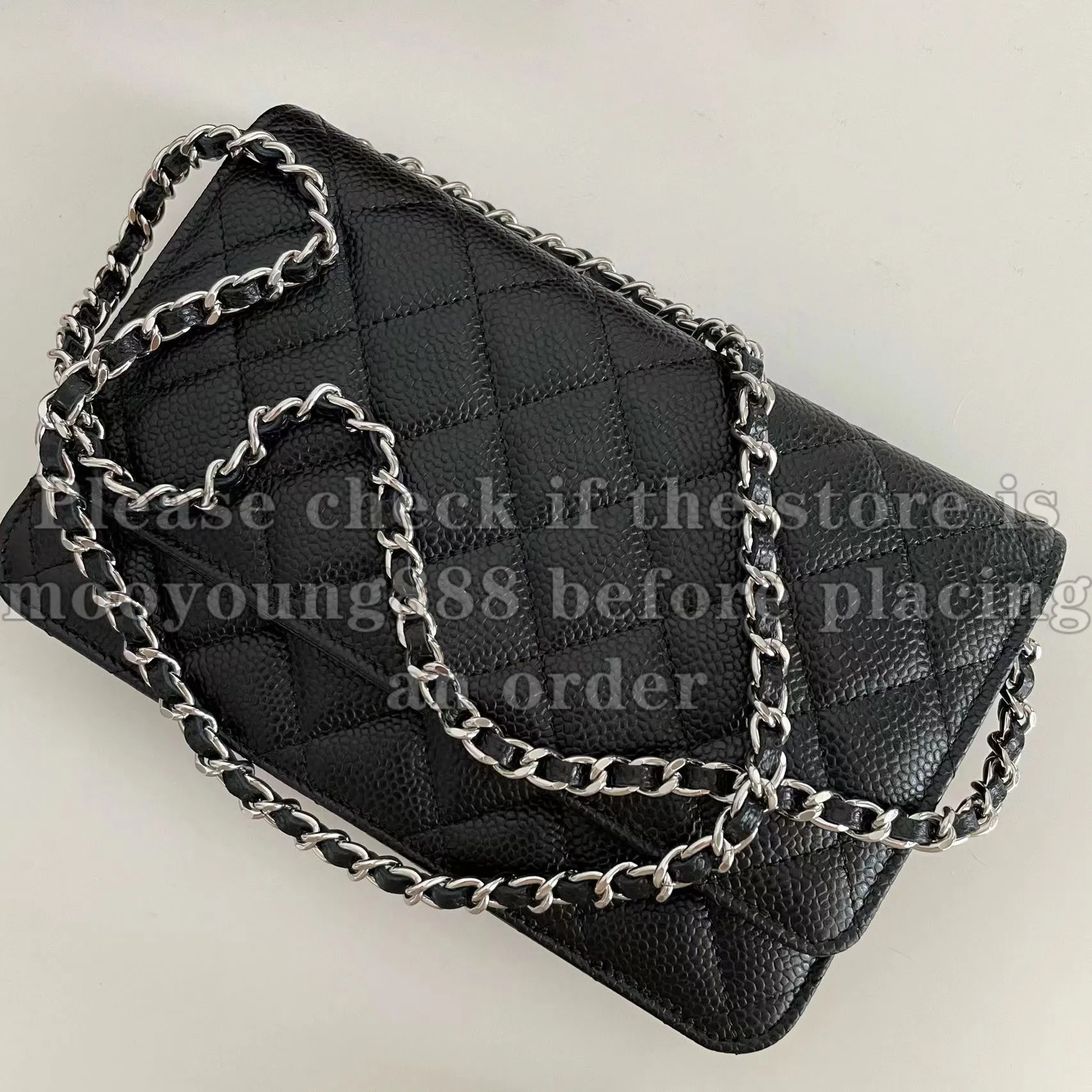 12A Mise à jour Miroir de qualité portefeuille classique sur sacs de chaîne mini volet 19cm matelassé Black Pourse Femmes en cuir authentique Caviar Lambrage à main