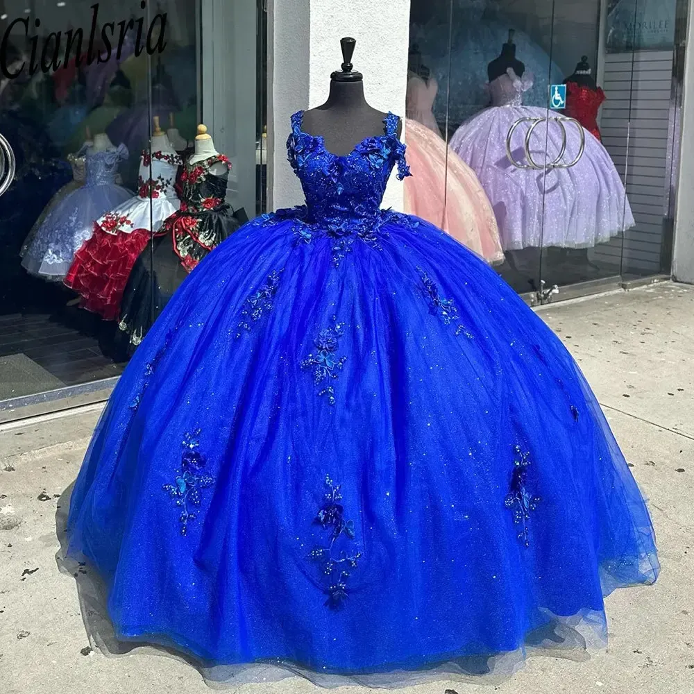 Royal Blue Off the Spalla 3D Balfalla Abito da ballo Quinceanera Abiti Appliques Corsetto in pizzo Sweet 15 Vestidos de 15 Anos