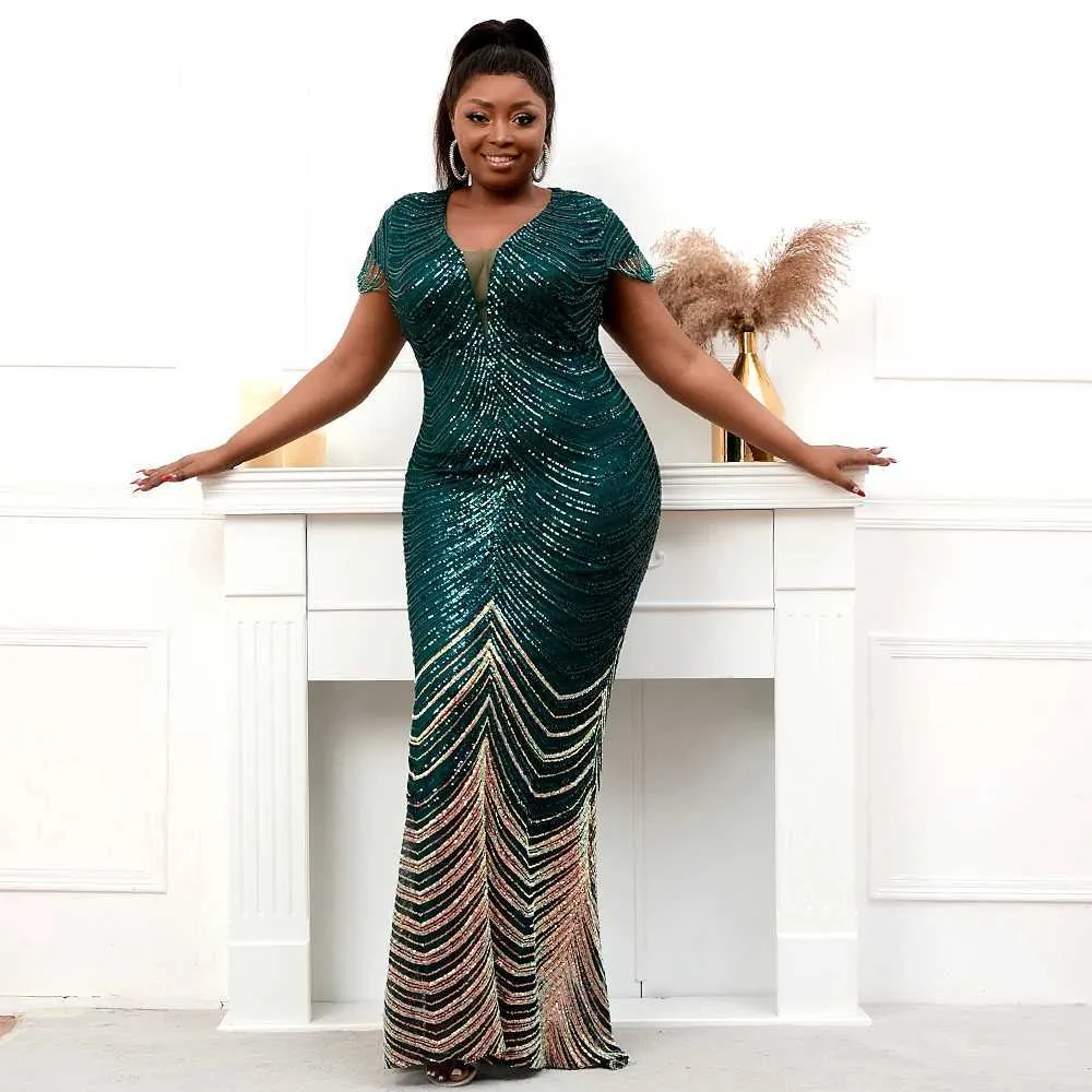 Emerald Green Sequin Evening Dress Plus Size Sexy Beaded Maxi Dress for Women