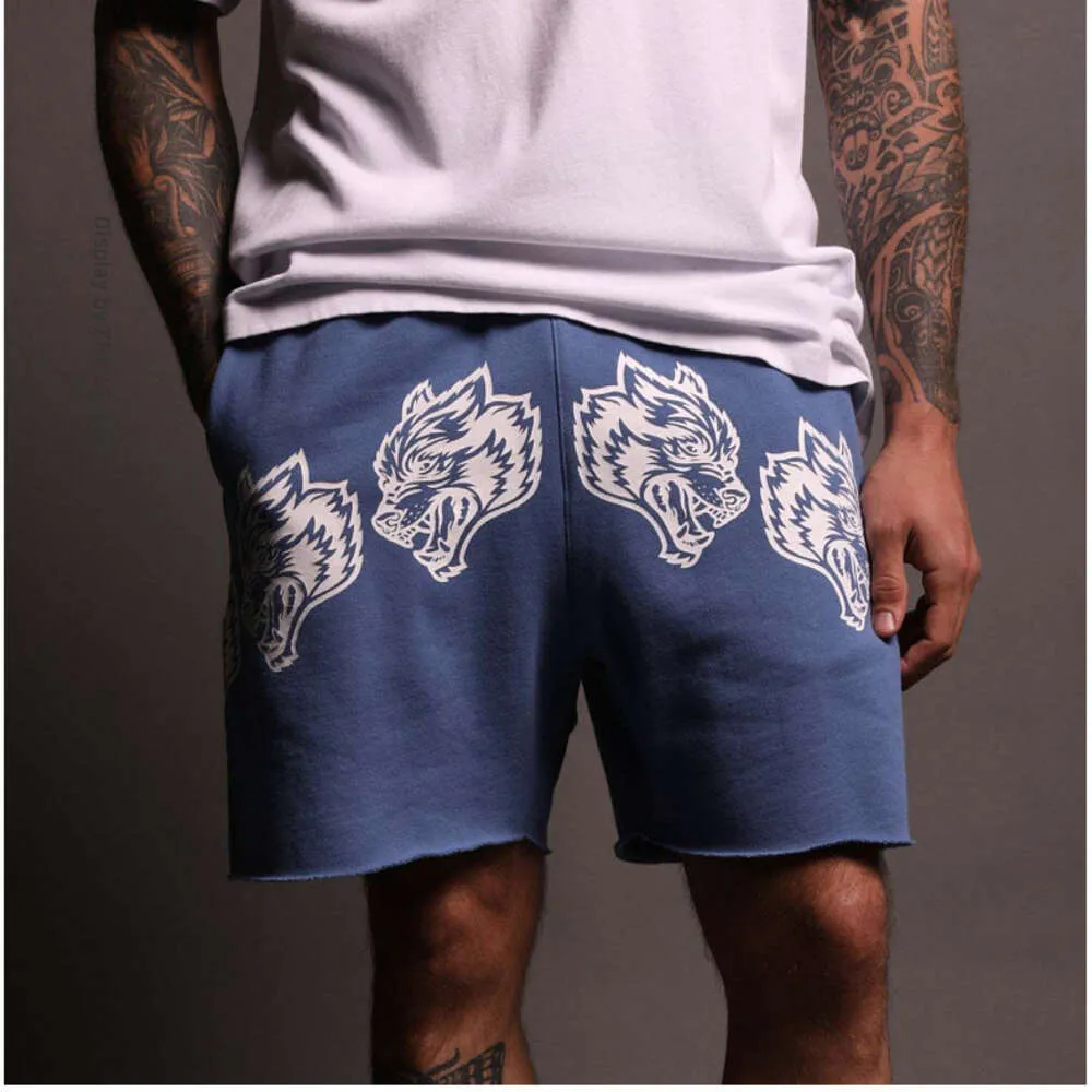 New Men's Cartoon Loose Printing Shorts Pure Cotton Summer Ragged Casual Pants Fiess Sports Capris