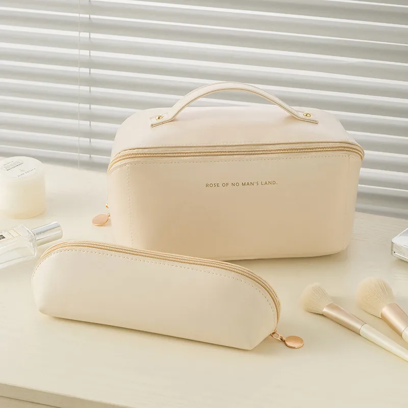 Accordion Pillow Bag Internet Celebrity Ins Cosmetic Bag Pu Leather Toiletry Bag Travel Portable Handbag Large Capacity Storage Bag