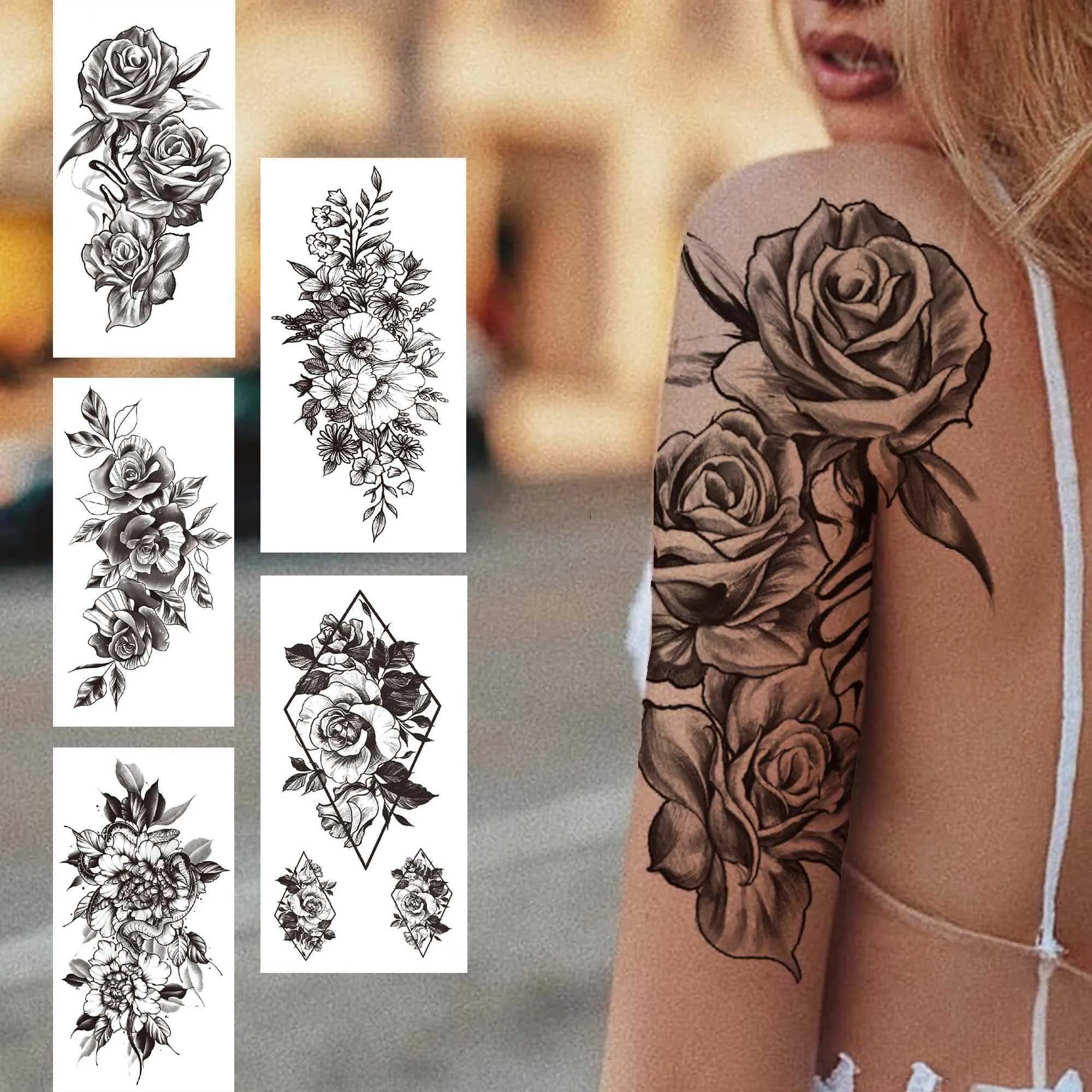 Tattoo Transfer Black 3D Rose Temporäres Tattoo für Frauen Mädchen Erwachsene Pfingstrose Dahlia Blume Tattoos Aufkleber Schwarz Flora Glory Geometrische Arm Tatoos 240426