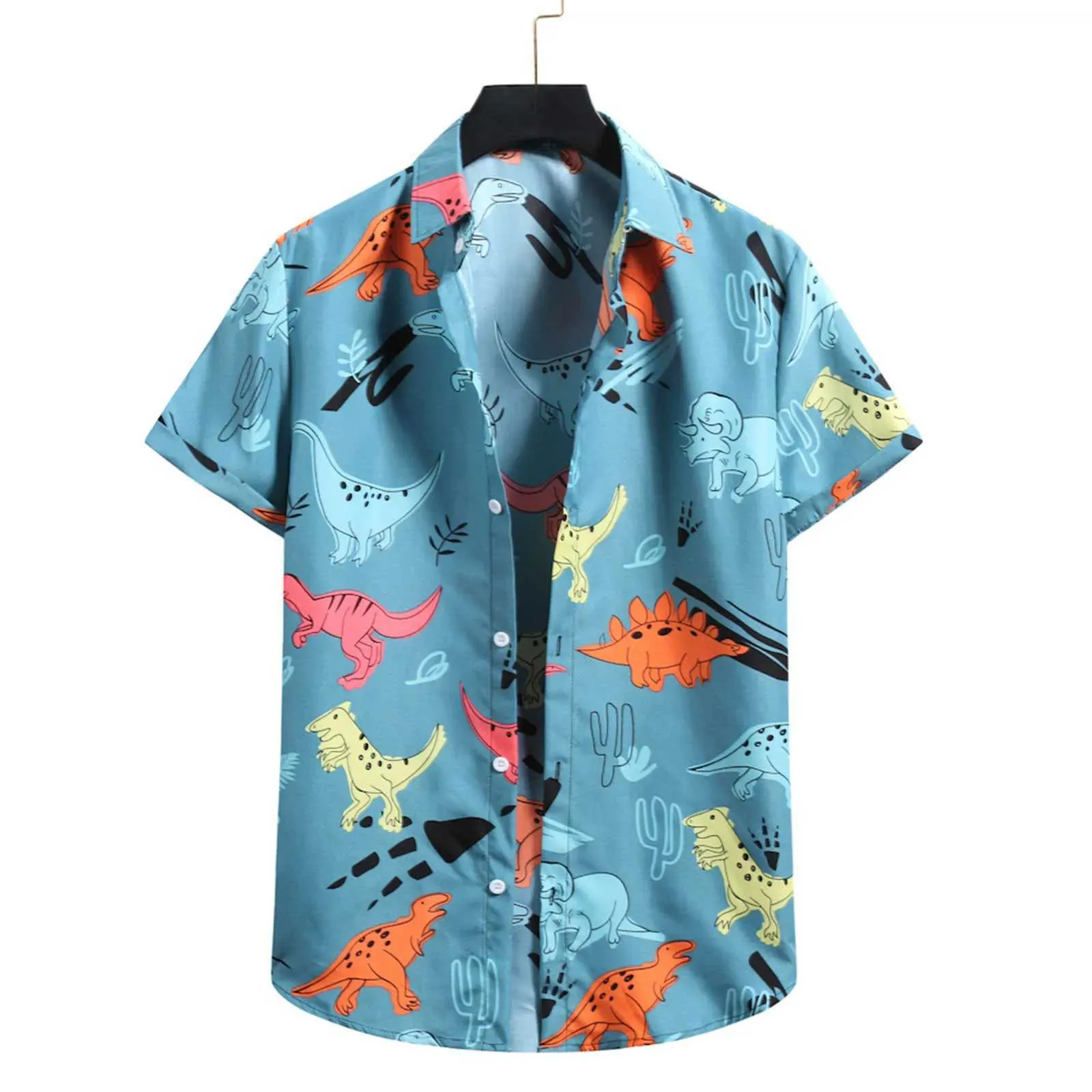 Mäns casual skjortor män sommar skjorta strand stil dinosaurie tryckt hawaiian skjortor avslappnad kortärmning avbryta krage blusar pojke toppar camisa homme 240424