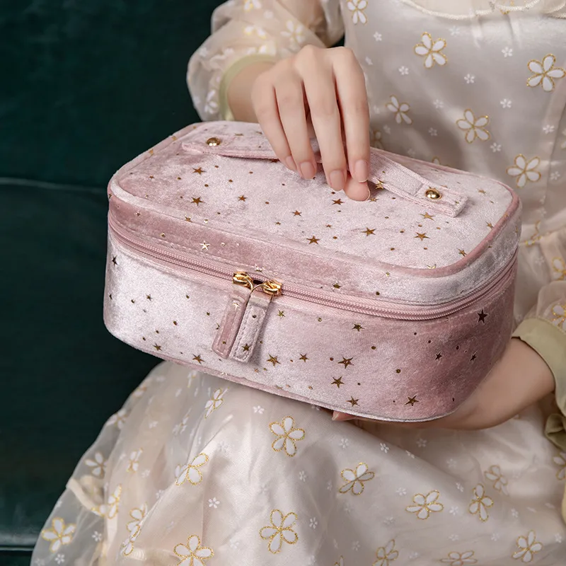 Bolsa de cosméticos estrelados de veludo, bolsa de higiene pessoal clássica de estilo europeu, bolsa de armazenamento portátil de viagem, zíper de duas vias