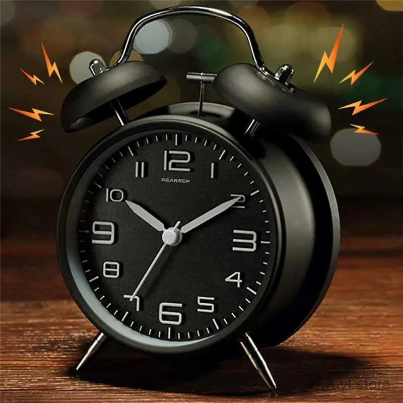 Relógios da mesa de mesa 4 polegadas Twin Bell Loud Clock Clock Metal Frame 3D Dial com Backlight Battery Opere o despertador da mesa de mesa para casa e escritório