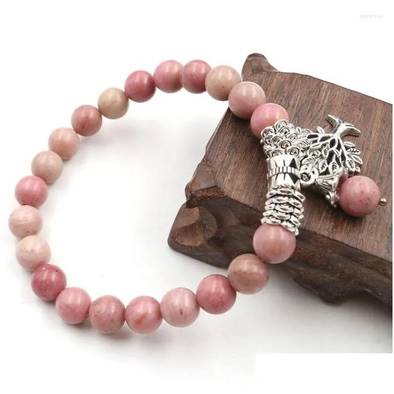 Straso di perline XSM 8mm Rhodonite Naturale perline bracciale Loto Flower Tree of Life Meditation Preghiera Rosario Braccialetti Stone Bangles JE DHKNP