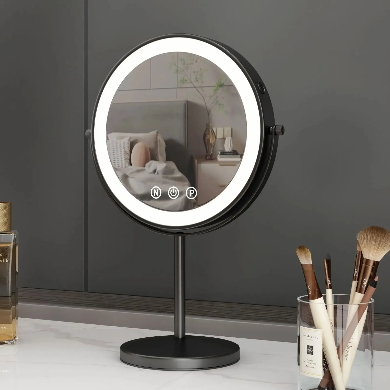 9 inch 360 degrees Bedroom or Bathroom table Lifting Makeup Mirror 3X Magnifying Double Mirror with LED Light Cosmetic Mirror 240416