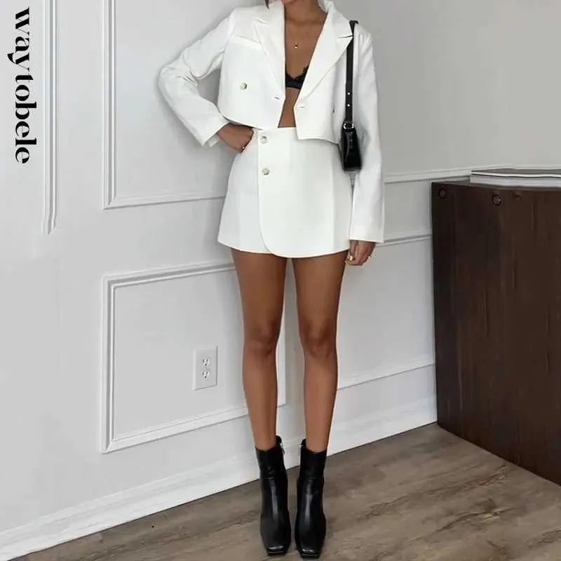 Calças de duas peças femininas Waytobele Blazer Conjunto de outono Moda de outono Solid Slve lapela de lapela de pedestres de alta cintura alta uma linha Irregular Saias curtas Y240426