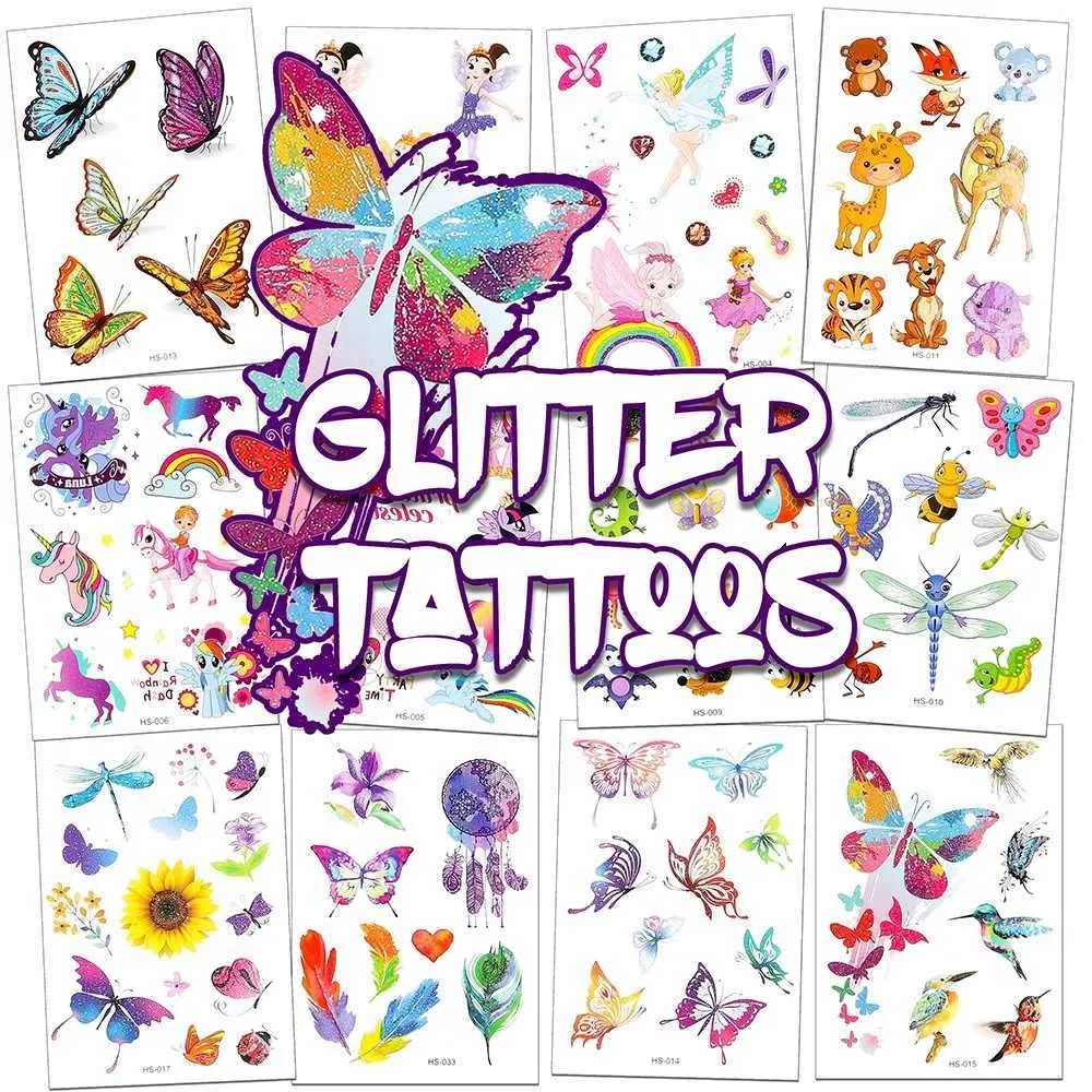 Tattoo -overdracht 16pcs Kids Glitter Tattoo Sticker Set Cartoon Waterdichte inkt Decal Butterfly Unicorn Dieren Tattoo Decor voor verjaardagsfeestje 240426