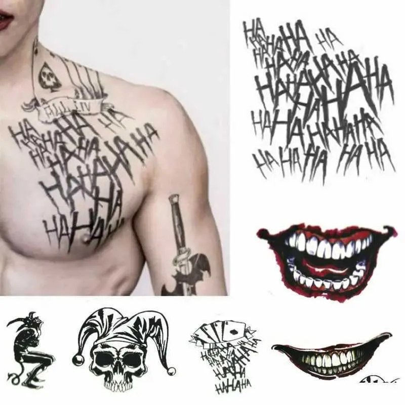 Tattoo Transfer 9 Styles Der Joker Tatoo wasserdichte gefälschte Tattoo Aufkleber Halloween Suicide Squad Temporäres Tattoo Horror Party liefert neue 240426