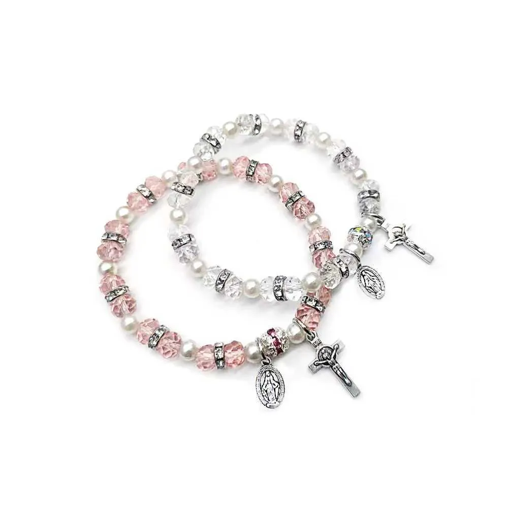 Beaded 3-color retro Catholic Jesus Cross Charm Bracelet Crystal Beads Elastic Mens Jewelry Religious Gift