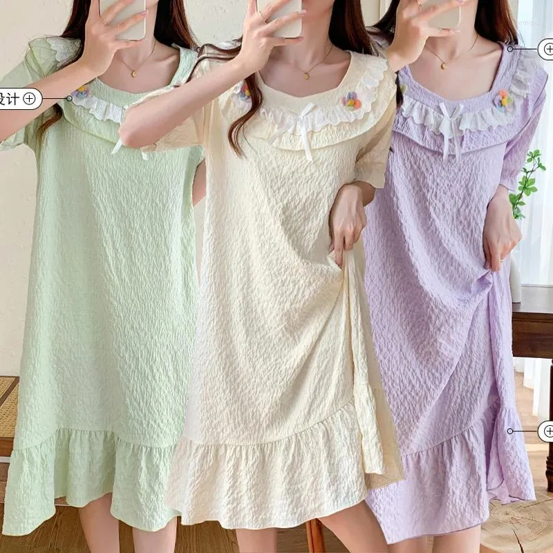 Kvinnors sömnkläder 2024 Summer Sweet Princess Short Sleeve Cotton Nightrown For Women Korean Söt spetsnattklänning Nightdress Home Nighty