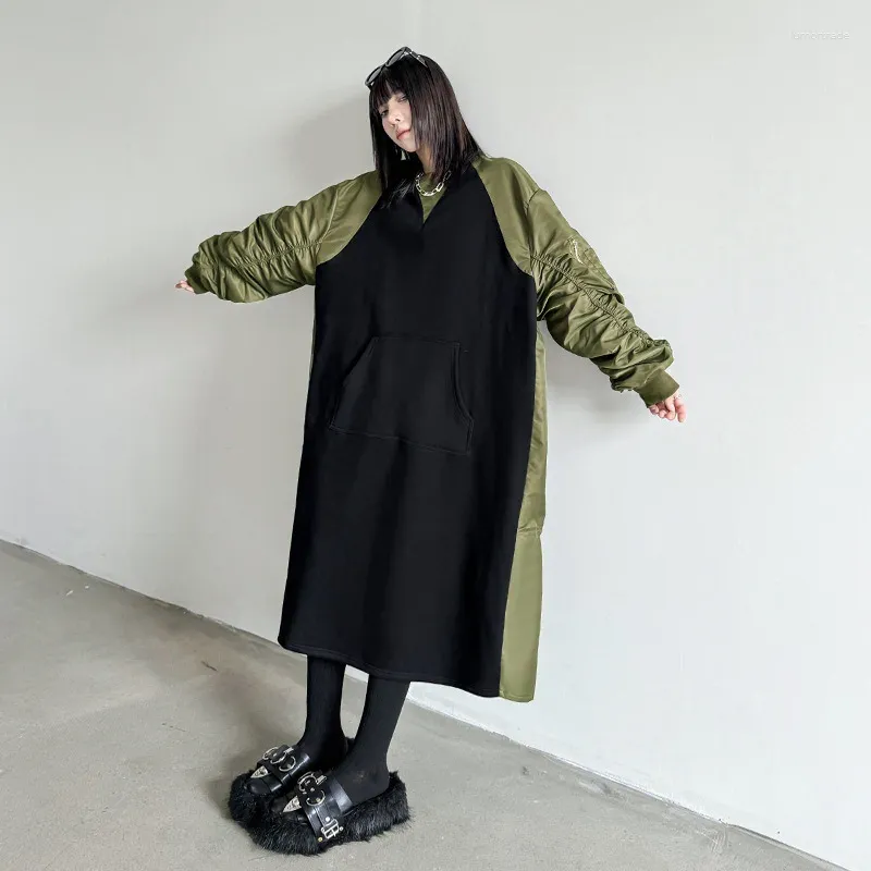 Women's Trendy Autumn Winter Colorblock O-neck Maxi Hoodie Dress