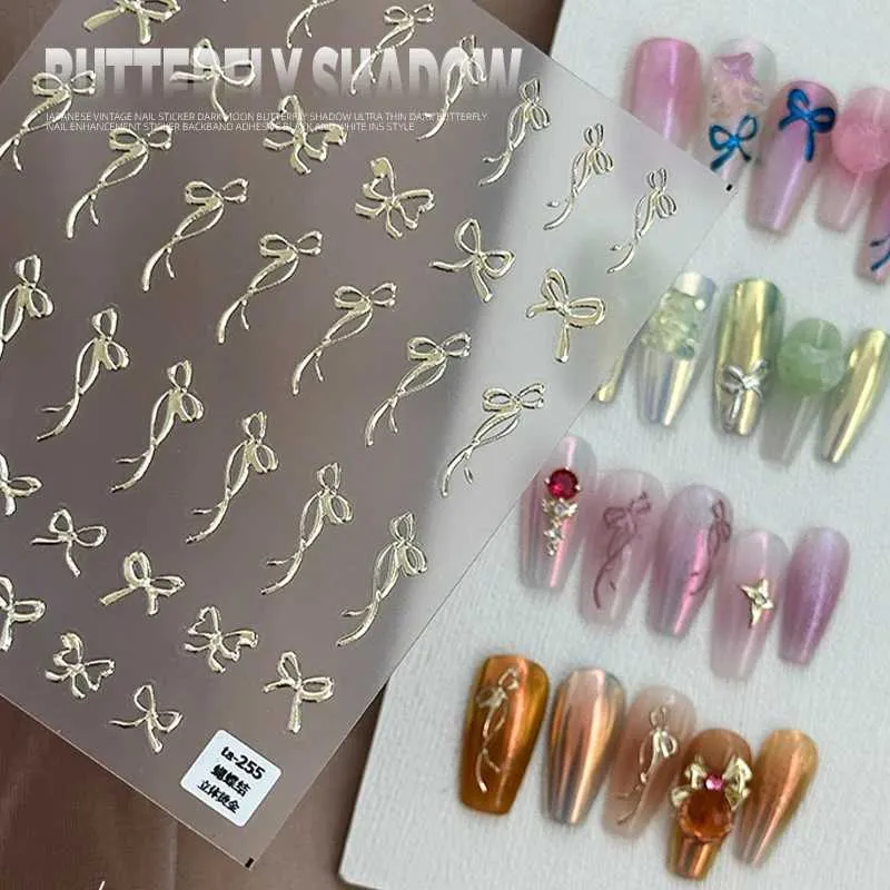 Transfert de tatouage 3D Laser Nail Art Stickers Gold Sluervery Pink Bowl Bow Pattern Manucure Auto-adhésif One One Stickers Polish Stickers 240427