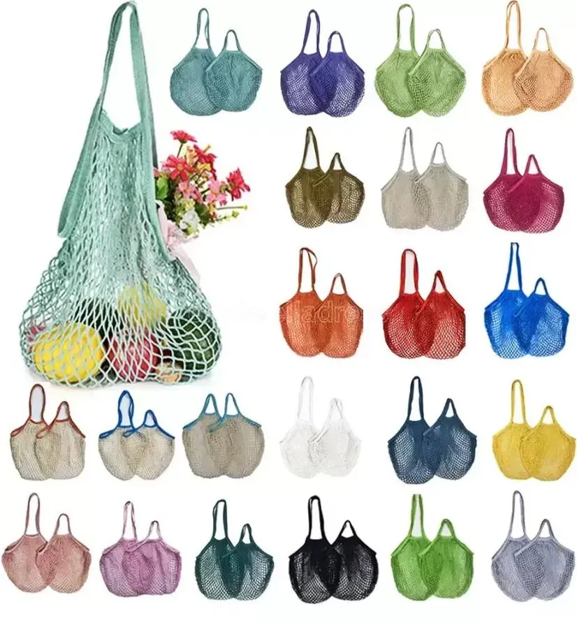 Bolsas de malha Lavagem de algodão reutilizável Saco de compras na rede de compras de compras para vegetais de frutas portáteis curtos e longos HAN6044670