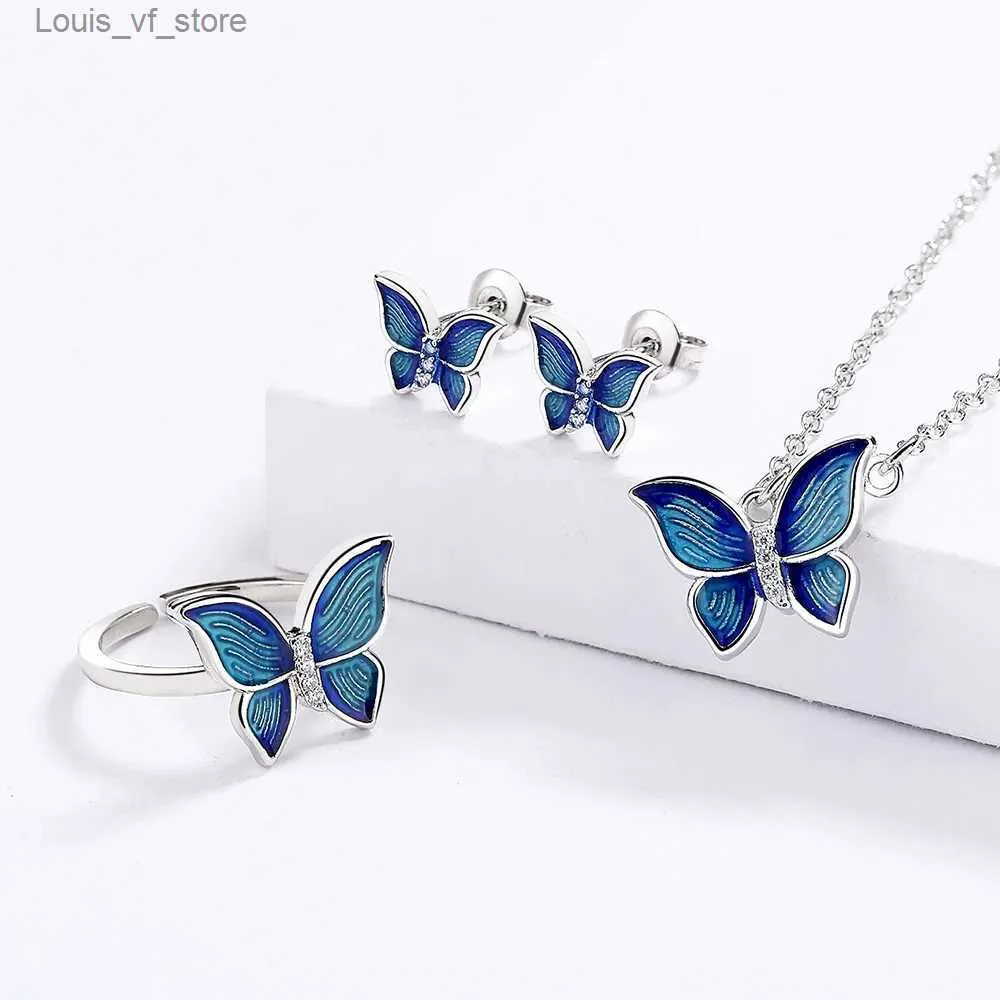 Set di gioielli da sposa 925 Sterling Silver Creative Micro-Enamel Blue Butterfly Wings Neckace Womens Suit Womens Party Birthday Gift H240426