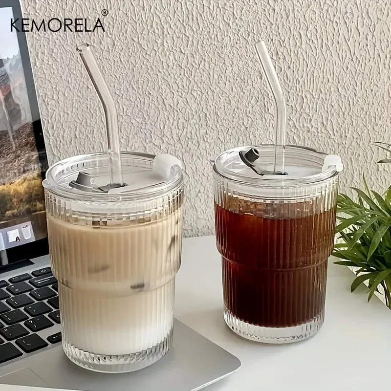 12st 450 ml Randglaskopp Transparent glas med lock och halm Ice Coffee Mugg Tea Juice Milk Water Drinkware 240424