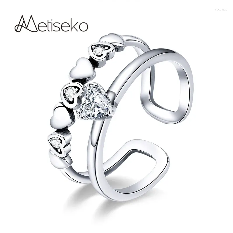 Clusterringen Metiseko 925 Sterling Silver 2-laags hartvormring met kubieke zirkonia Resiseerbaar Open Imiteer Dubbel voor vrouwen