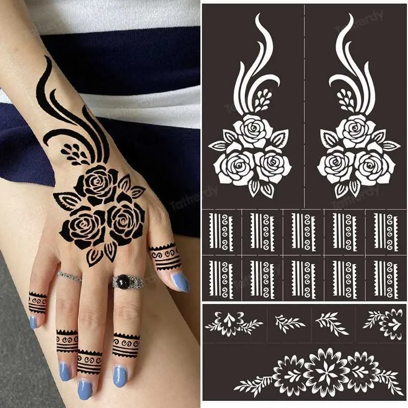 Tattoo Transfer Tattoo -Vorlagen Hände/Füße Indien Henna temporäre Tattoo Schablonen Kit für Handarmbein Füße Körperkunstkunst Körpermalerei Schablone 240427