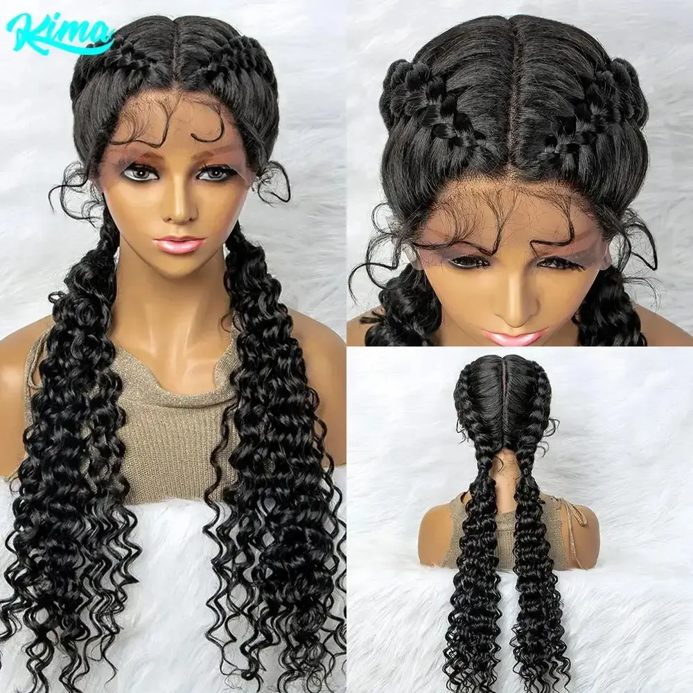 Peruk örgülü peruk sentetik dantel ön saç peruk kıvırcık su dalga peruk kadın afro frontal cornrow bükülme boks örgülü peruk