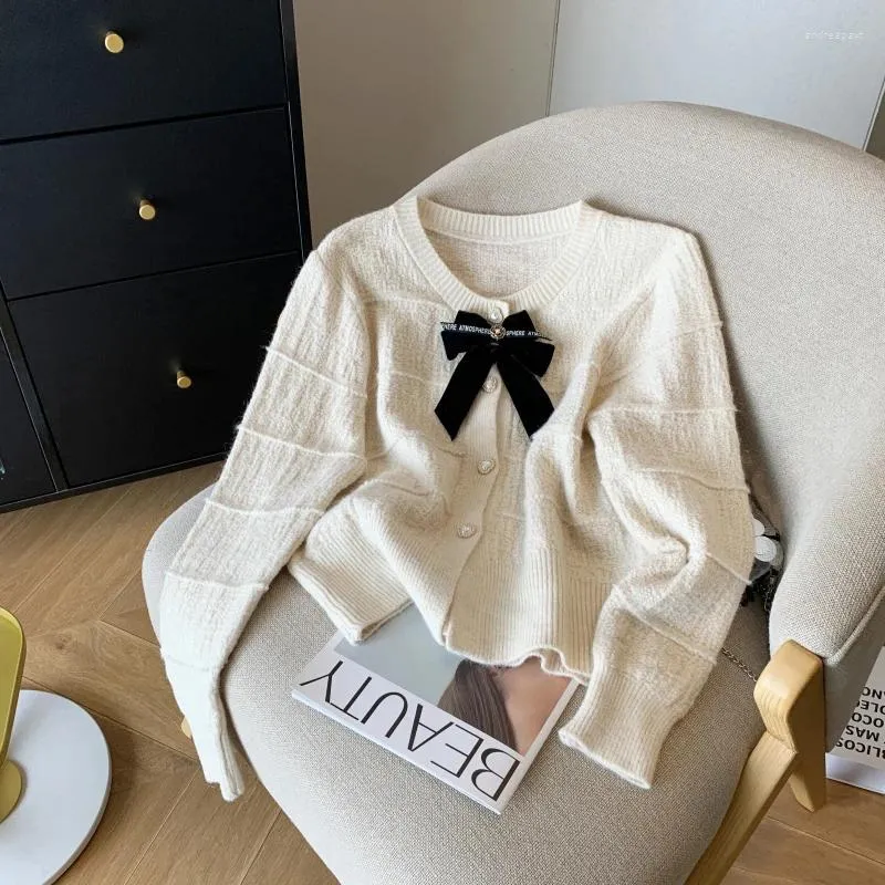 Women's Knits Harajuku Korean Fashion Pearl Button Warm Sweater 2024 Spring Office Lady Elastic Autumn Sweet Bow Knitted Cardigan Coat